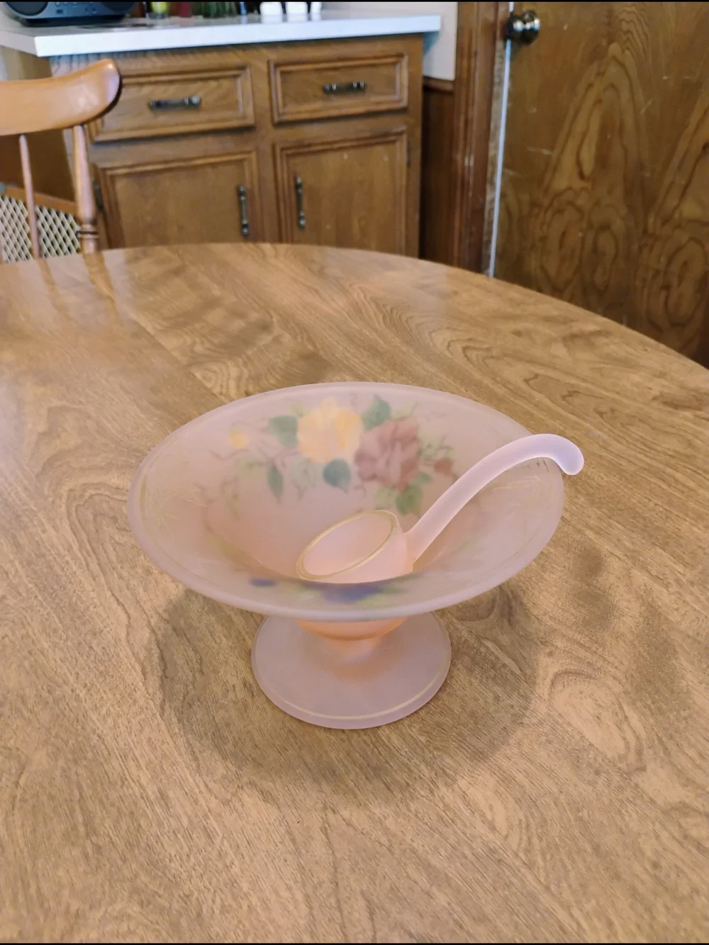 Vintage Tiffin Satin Pink Mayonnaise Bowl With Spoon Floral Poppies Gold Trim